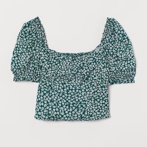 H&M Green and White Floral Puff Sleeve Cropped Blouse